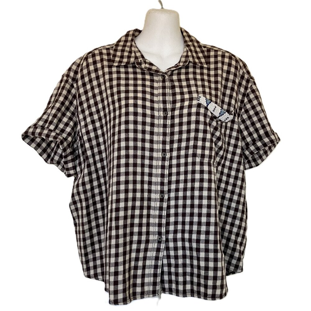 Denim & Supply Brown Plaid Short Sleeve Shirt Beaded Pocket Women's Medium Top
